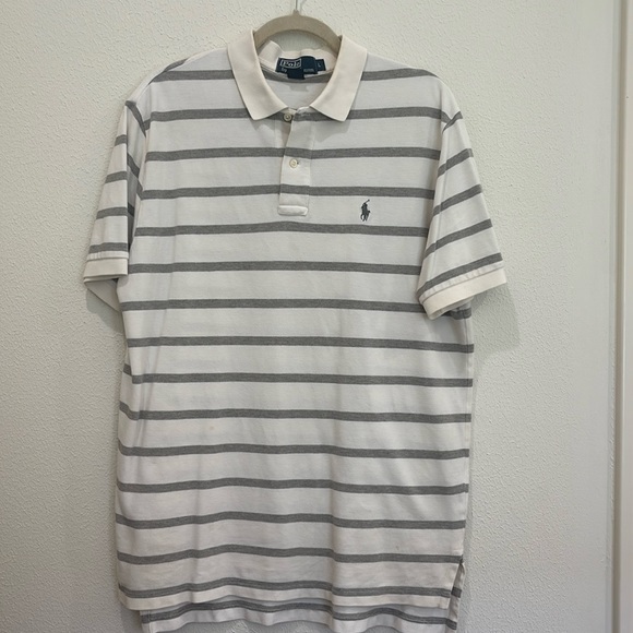 Vintage Polo Ralph Lauren White Gray Striped Polo Shirt Men’s Large - Picture 1 of 3